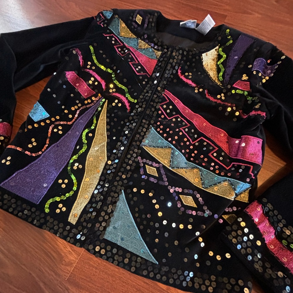 Vintage DG2 Colorful Small Sequined Beaded Embellished Velvet Jacket